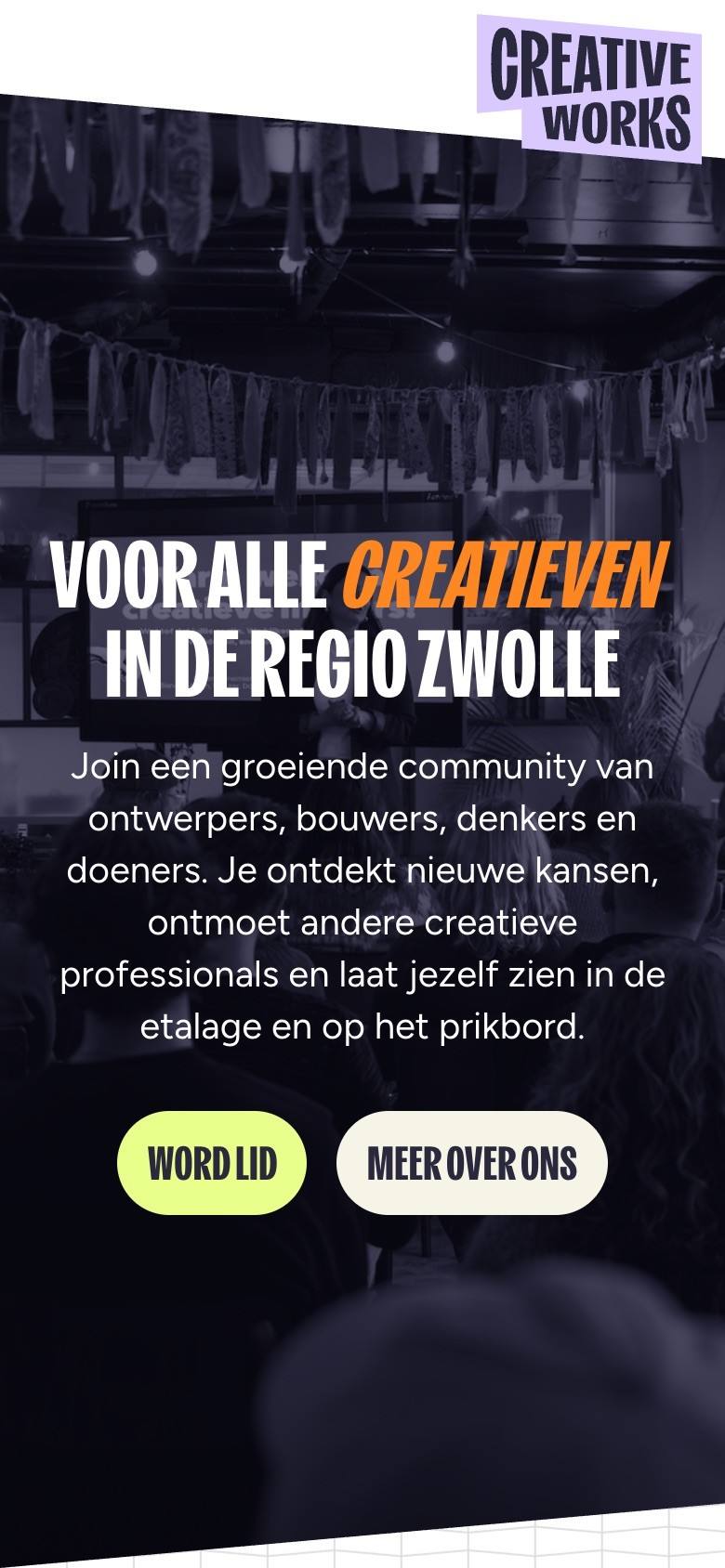 Homepage van Creative Works Regio Zwolle op een telefoon