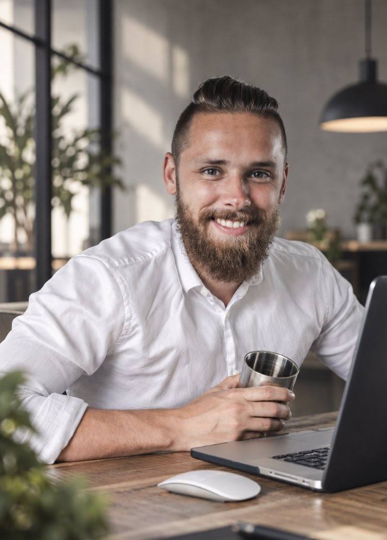 Wijnand Boerma, lachend aan tafel met een beker en zijn laptop